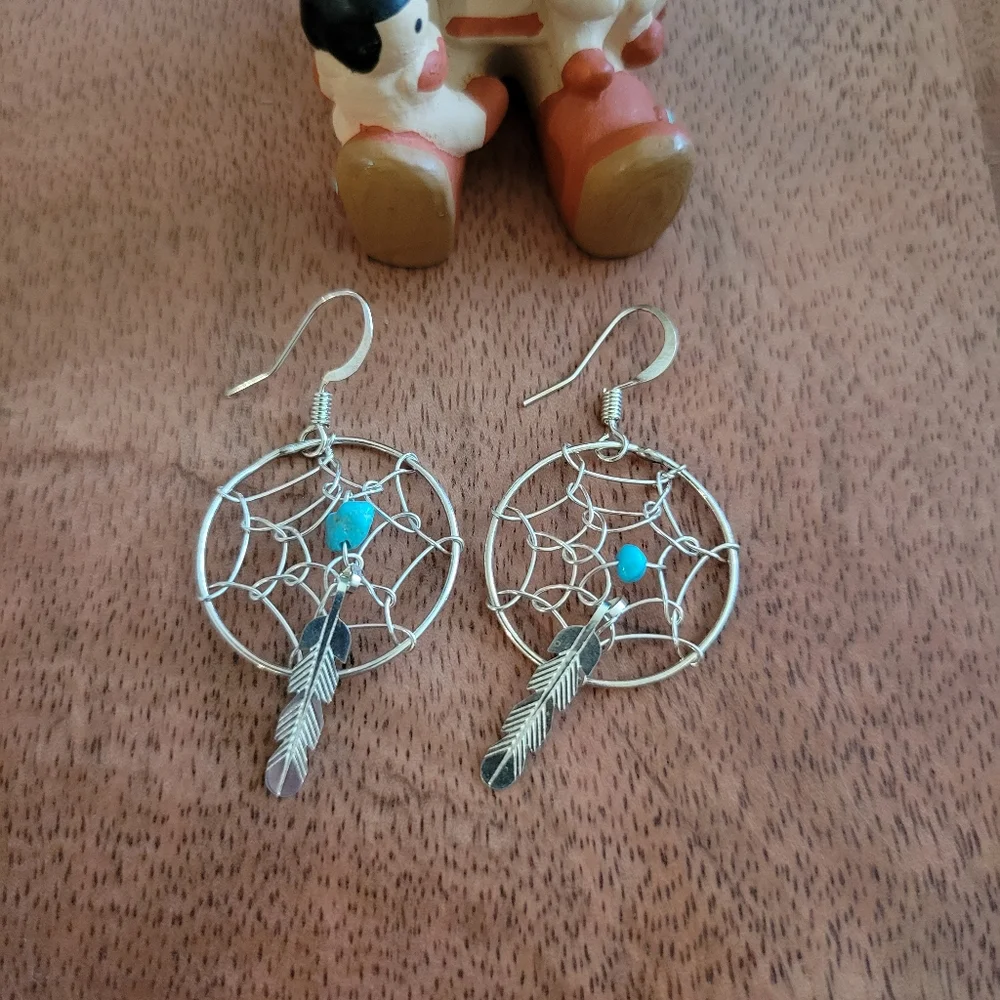 Sterling Silver & Turquoise Dreamcatcher Earrings Southwestern Boho Western